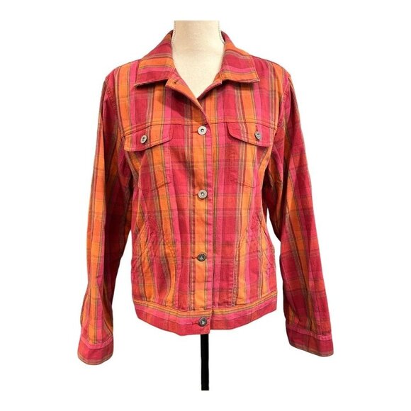 Eddie Bauer Womens XL Plaid Jacket Shacket Pink Red Chore Coat Outdoor Workwear - Picture 1 of 8